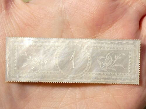 c1860 Long Rectangle Number 1 Chinese Carved Mother of Pearl Gaming Counter #R1