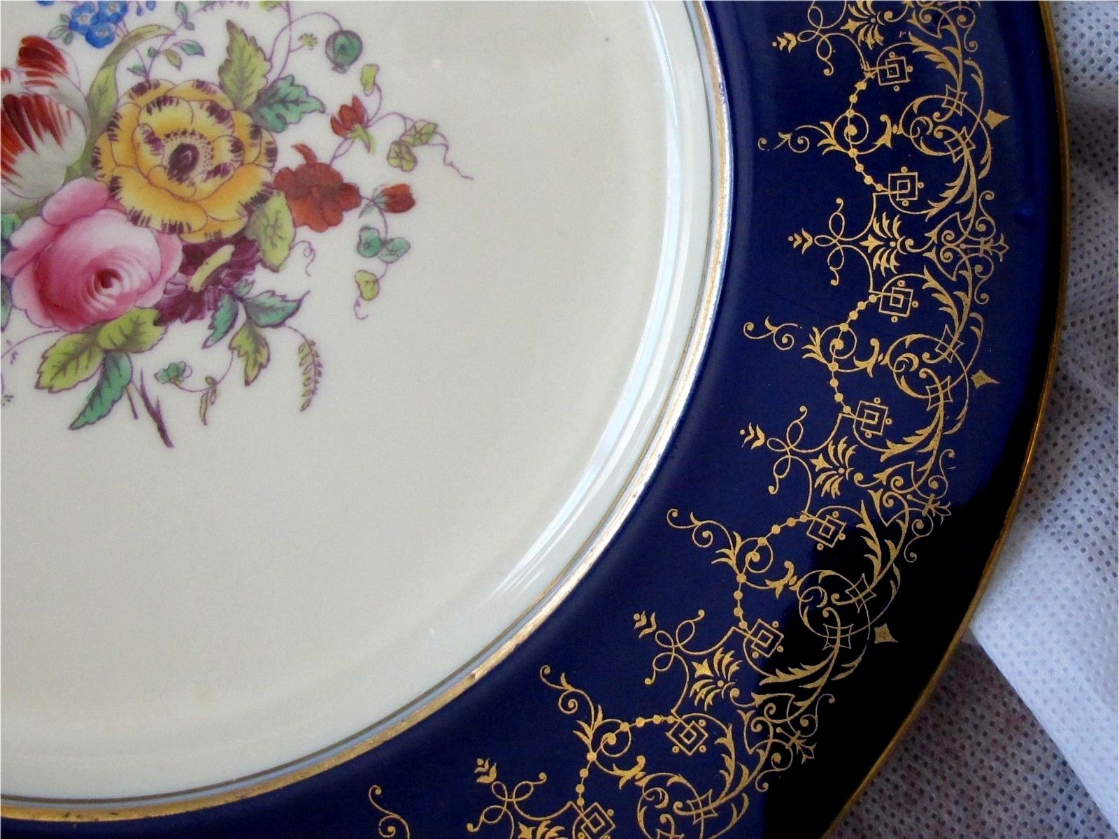 Coalport Antique 8 Dinner Plates Cobalt Gold & Roses 1900's perfect 10.5