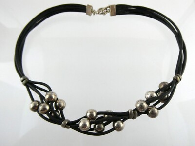 Unmarked Sterling Silver Five Strand Sphere Leather Cord Necklace Toggle Clasp