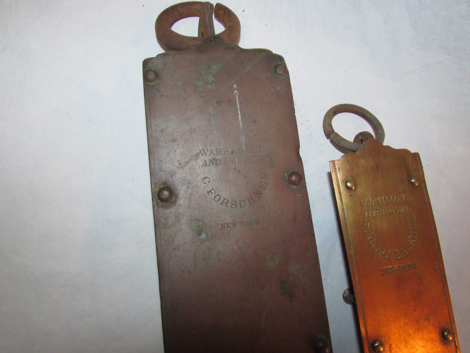 2 Vintage Hanging Spring Balance Scales Chatillion 40 lb. & C. Forschner 150 lb.