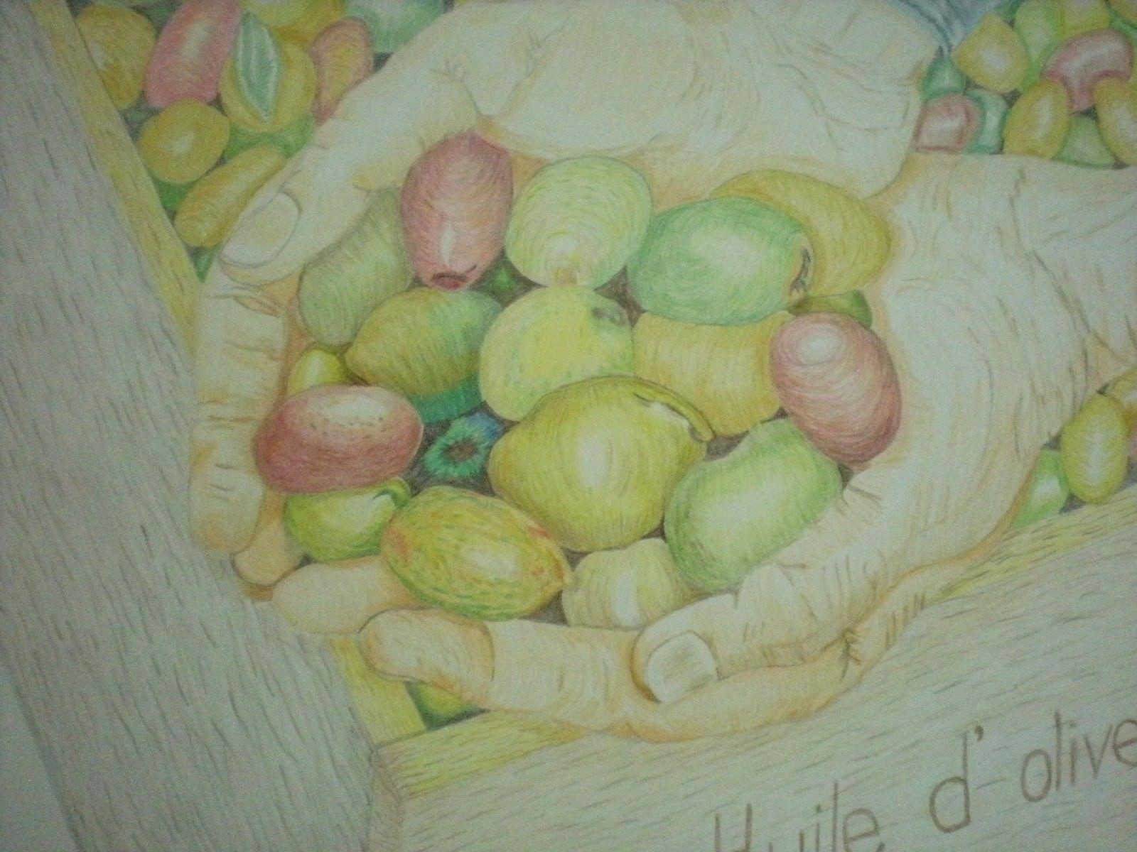 Original Artist Rendering of Handful of Olives With Wooden Crate