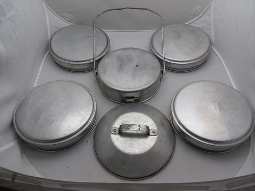 Vintage Buckeye Aluminum Stacking 5 Pan Camping Mess Kit