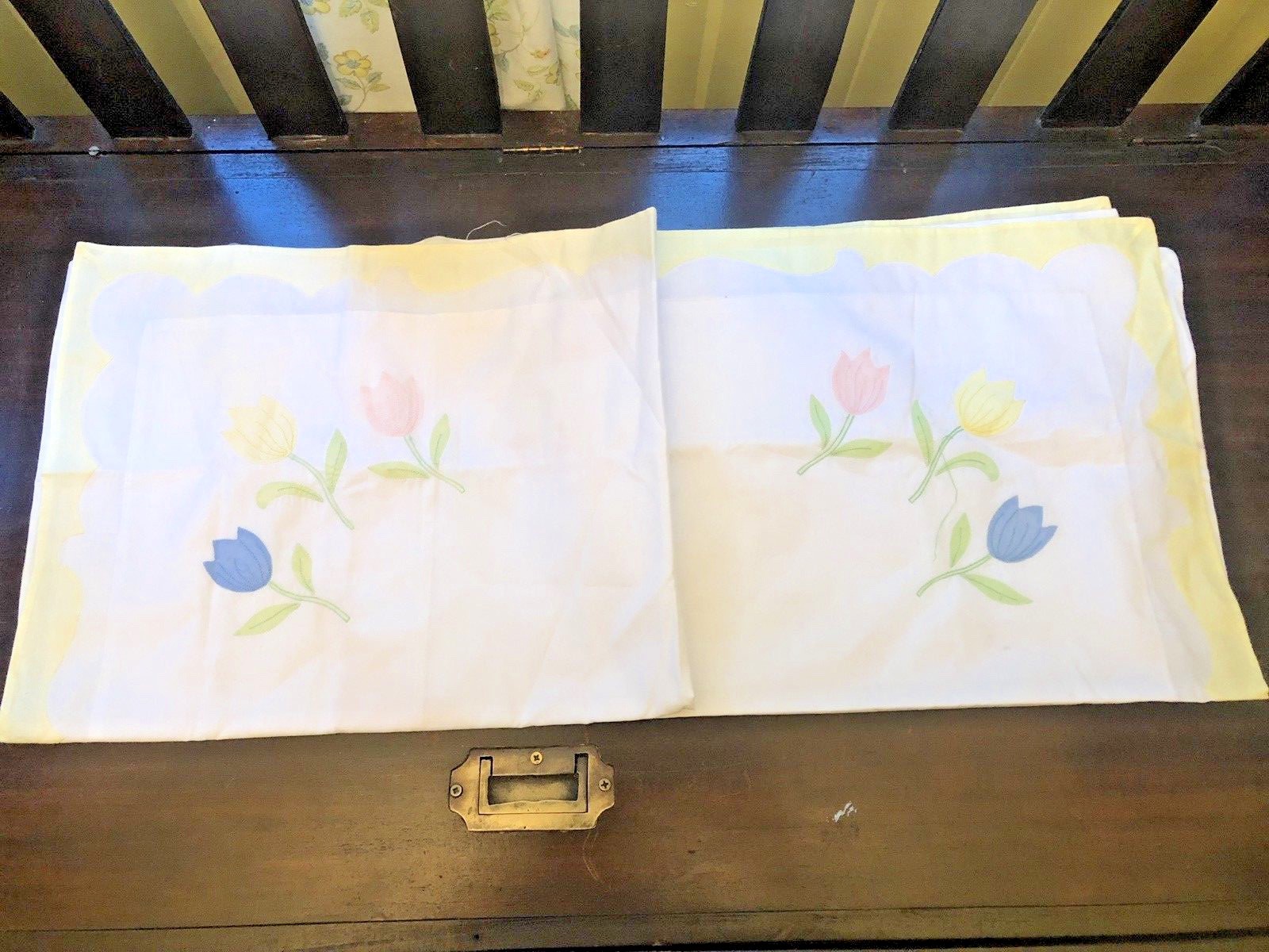 Two Spring Time Blue Pink Yellow Pastels w/ Tulip Appliqué KING Pillow Shams