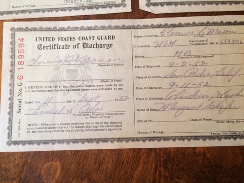 5 1952 U.S. Coast Guard Certificate of Discharge Merchant Seaman Steam Vessels
