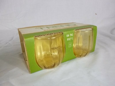 NOS Set of 4 Vtg 70s Anchor Hocking TRENDS Honey Amber Rocks Glasses 10 oz