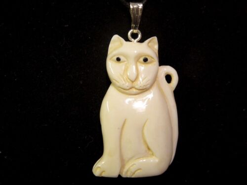 Cat Double Sided 3D Hand Carved Water Buffalo Bone Silver Tone Pendant Necklace 