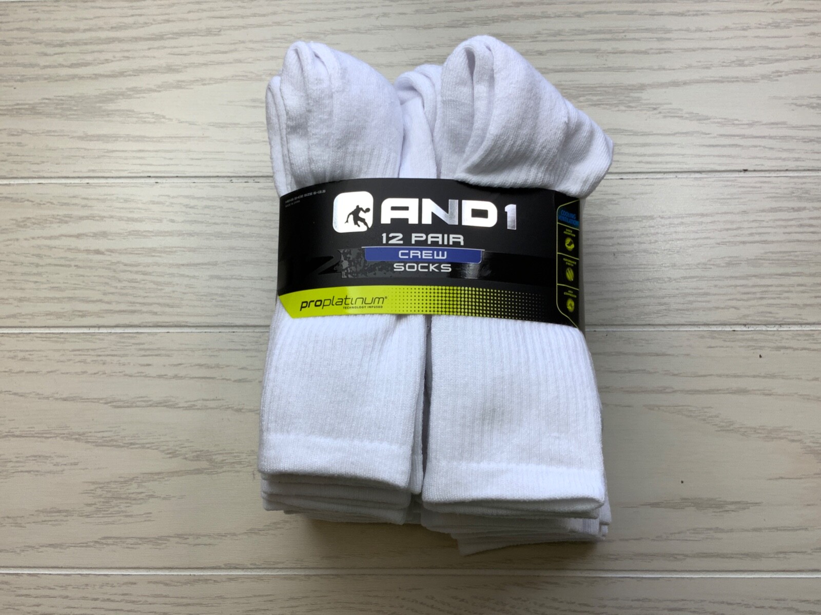 AND1 Cushion Crew 12-Pack Socks, Men's Size 6-12.5, White NEW MSRP $12.45