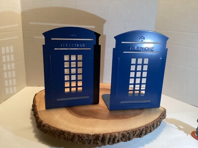 British Phone Booth Metal Bookends Blue