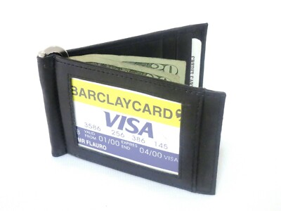 Money Clip Wallet Bifold ID Credit Card Money Holder Black Genuine Leather Men's