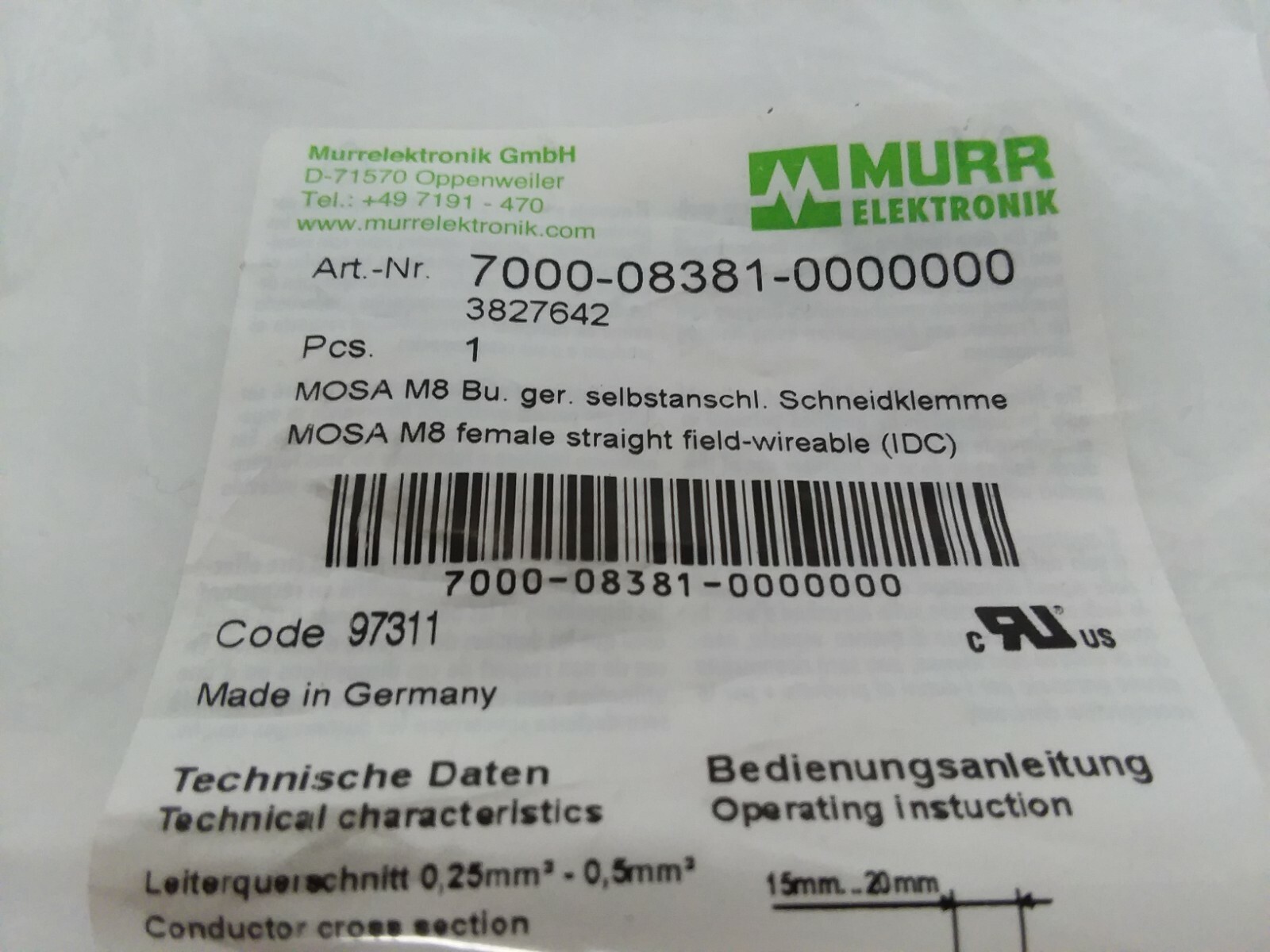 MURR 7000-08381-0000000 MOSA M8 FEMALE STRAIGHT FIELD-WIREABLE (IDC) 4-PIN NIB