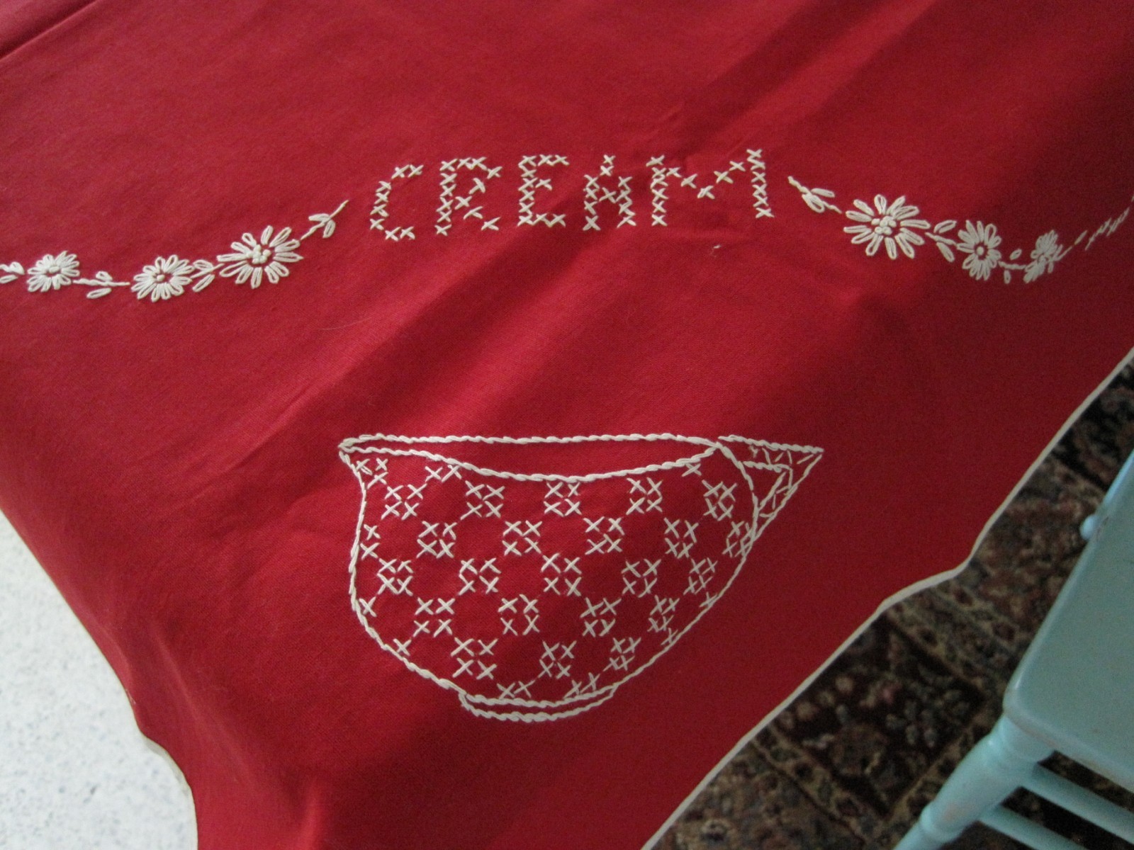 Adorable Vintage Red & White Embroidered Tablecloth w/matching Toaster Cover