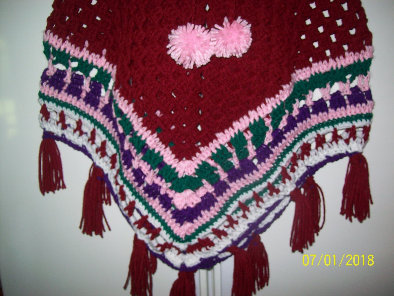 Handmade Girls Crochet Poncho with fringes and pom pom (age 5-7)