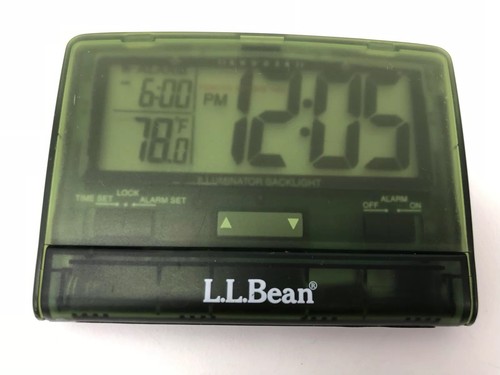 LL Bean Travel Alarm Clock Green Clear Case with temperature display, snooze