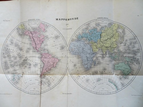 World Map in Double Hemispheres 1855 Dufour large hand colored map