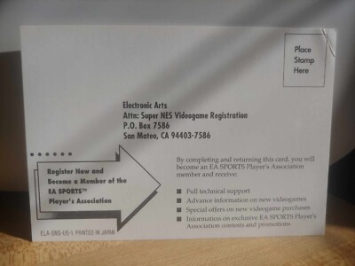 ELECTRONIC ARTS Registration Warranty Insert Super Nintendo SNES ELA-SNS-US-1