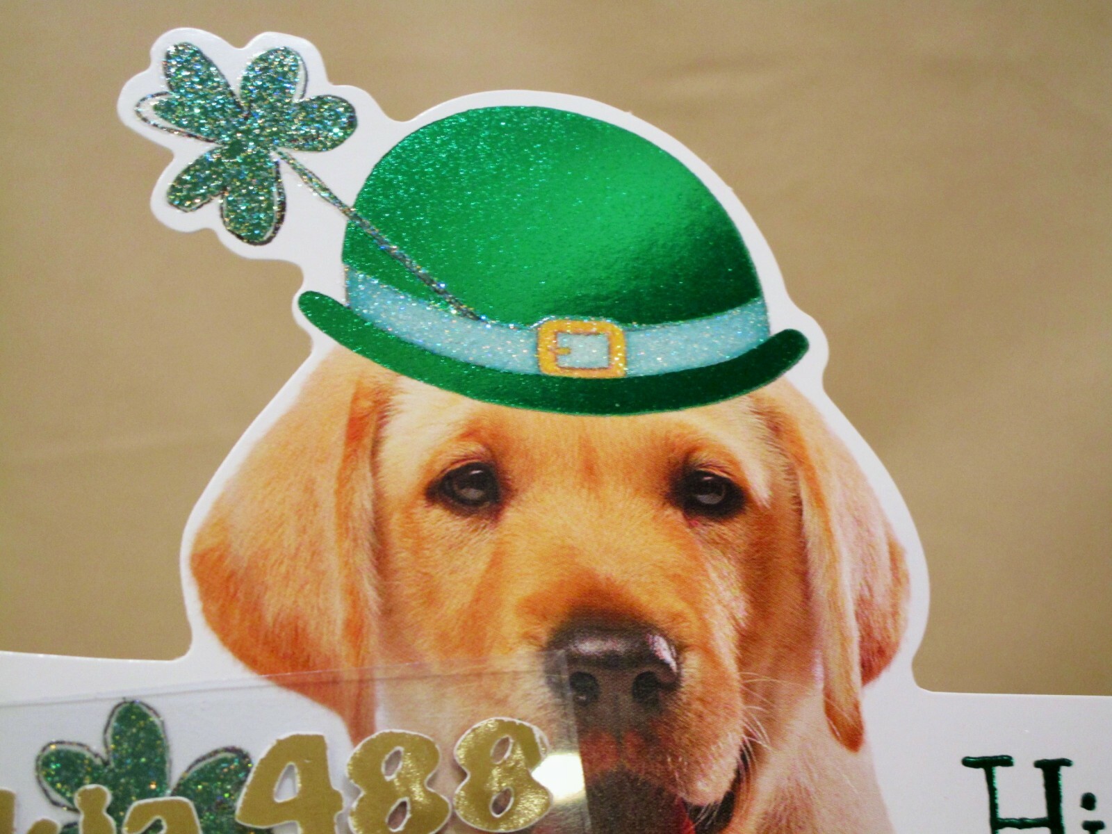 St. Patrick's Day Card DOG Lab in GREEN HAT-SHAMROCKS-GLITTER American Greetings
