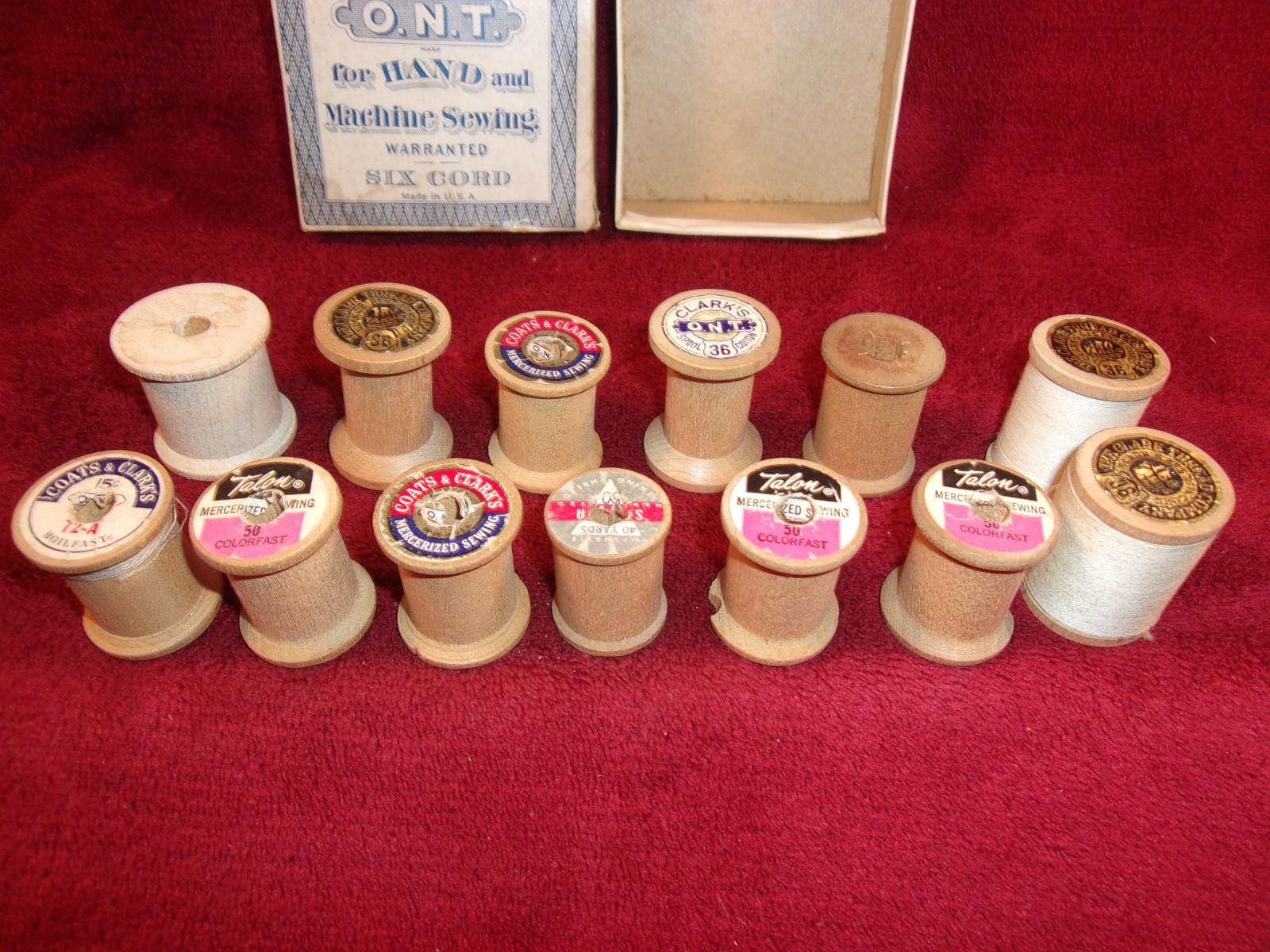 Vintage Clark Thread Box, With 13 Misc. Wooden Thread Spools in Box