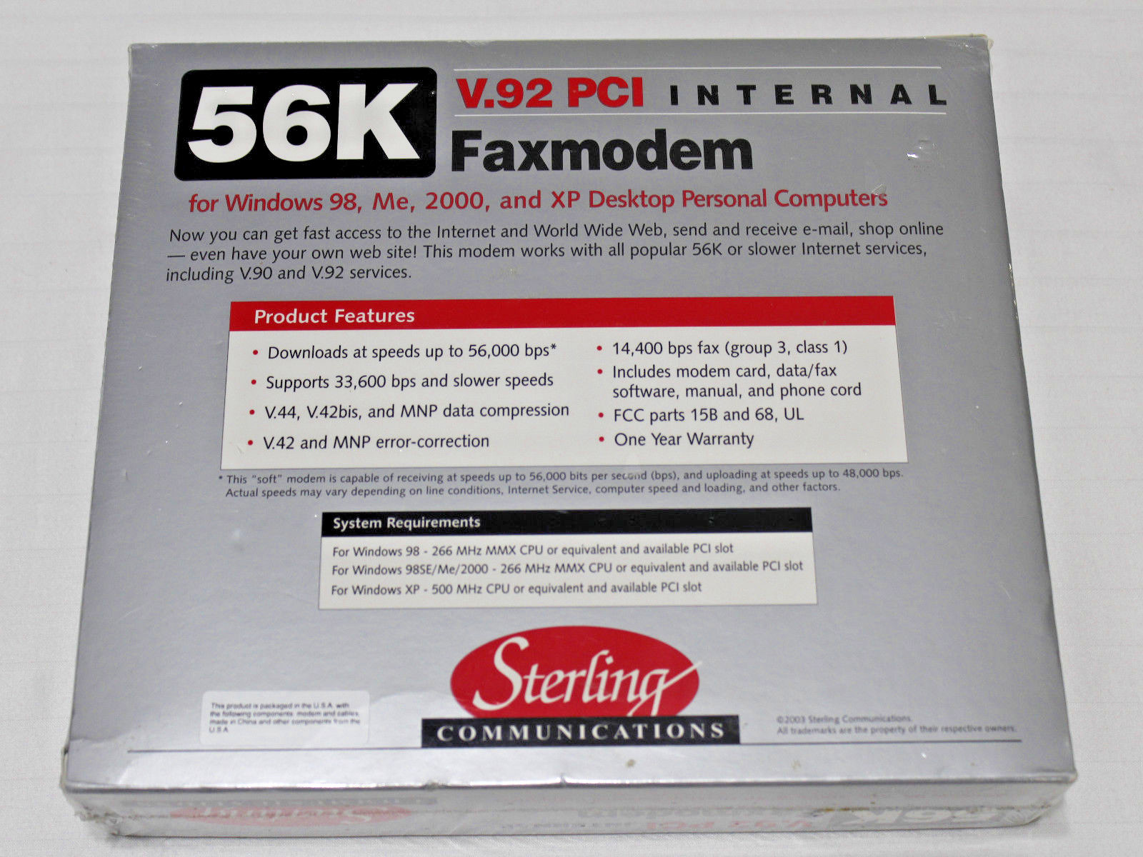 Sterling Communications 56K V.92 PCI Internal Fax Modem Windows 98,ME,2000 ,XP