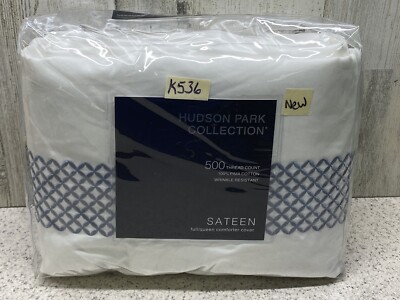 Hudson Park Embroidered Geo Full / Queen Duvet Cover White/Blue New