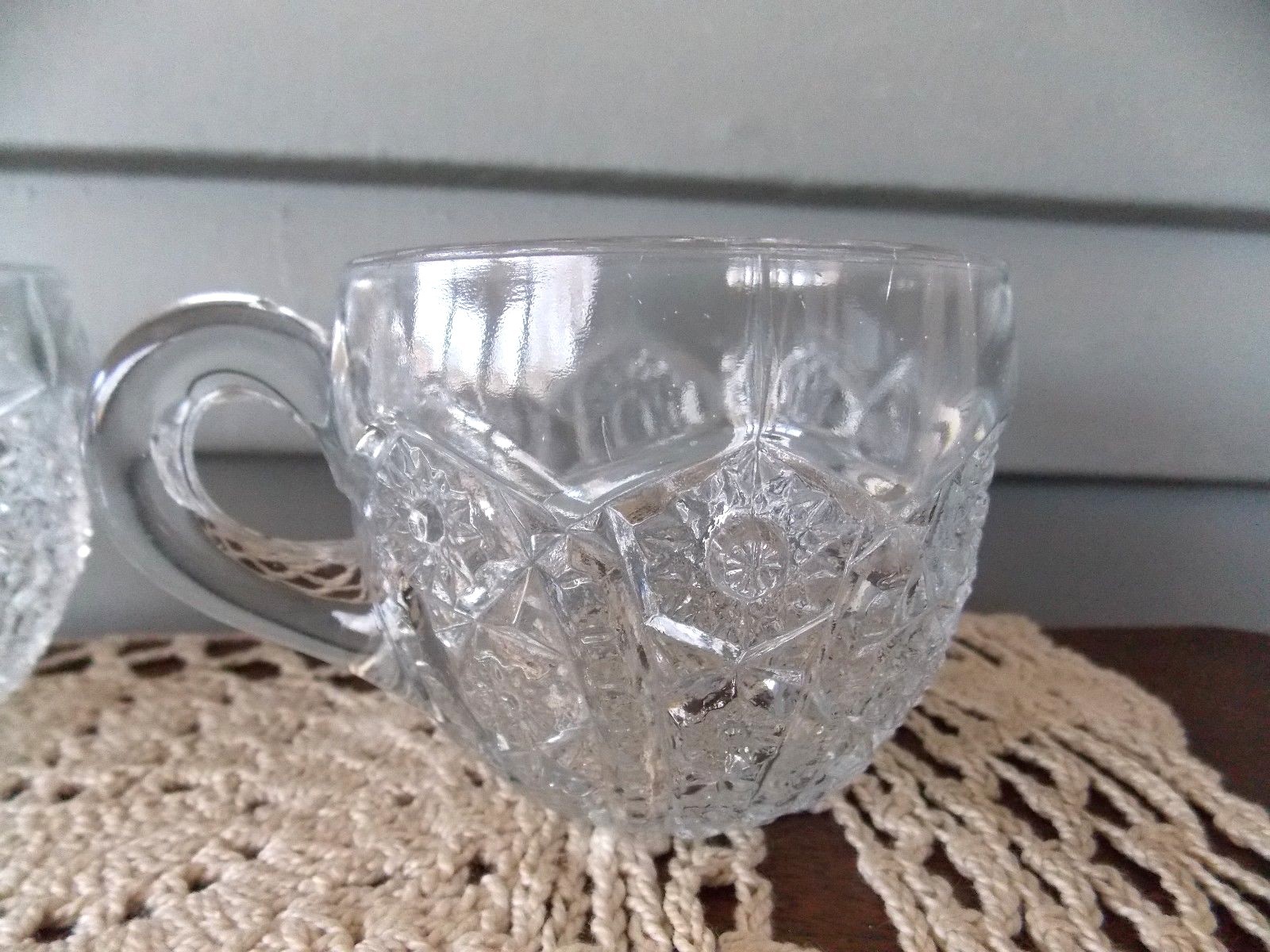 Set of 2 Vintage Clear Glass Punch Cups with Arches and Daisy Button Pattern
