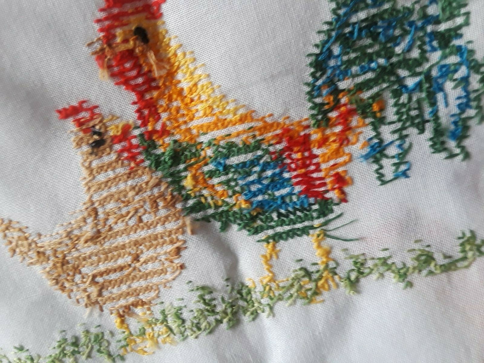 Hand Cross Stitched White Cotton Linen Colorful Chickens Table Topper 30
