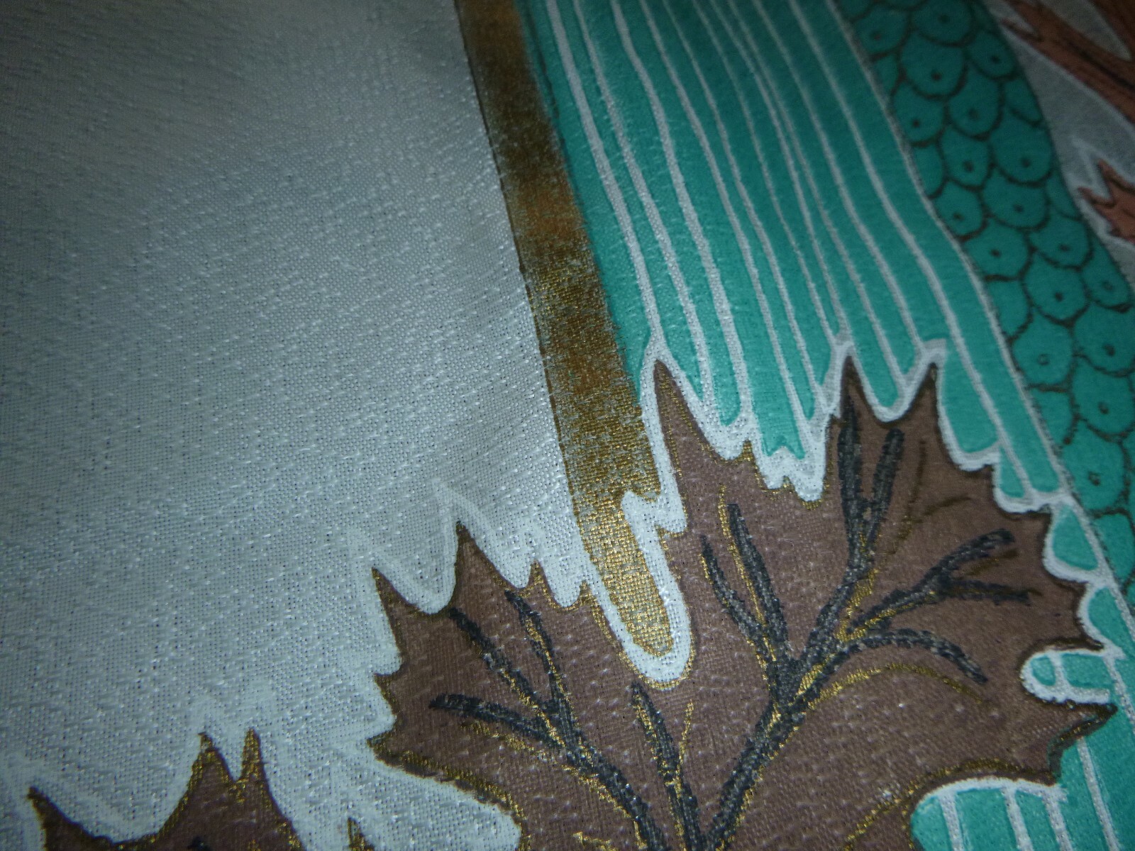 Vtg MCM Pinch Pleat Curtain Panel Synthetic Fabric Aqua Gold 43x80 CUTTER #1