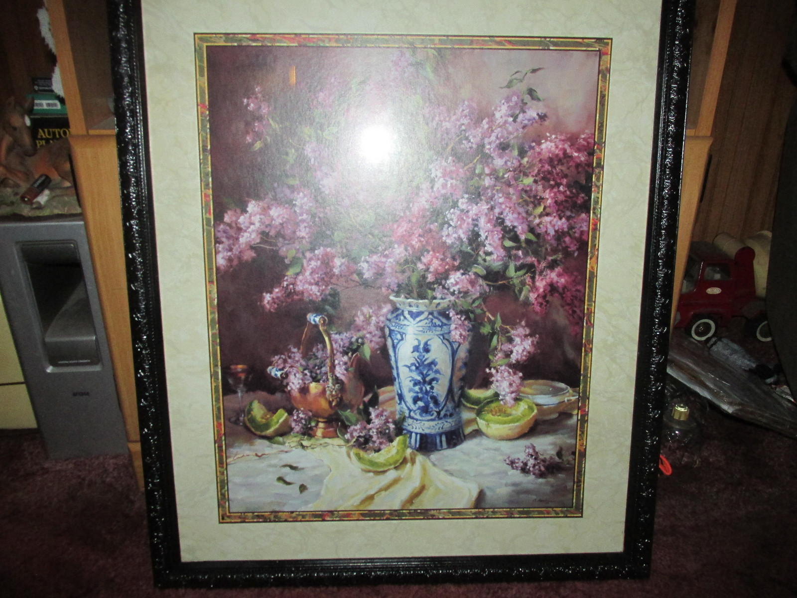 Vintage HOME INTERIORS Black Framed Floral Picture  25'  x  24''