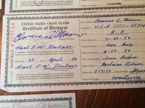 5 1952 U.S. Coast Guard Certificate of Discharge Merchant Seaman Steam Vessels