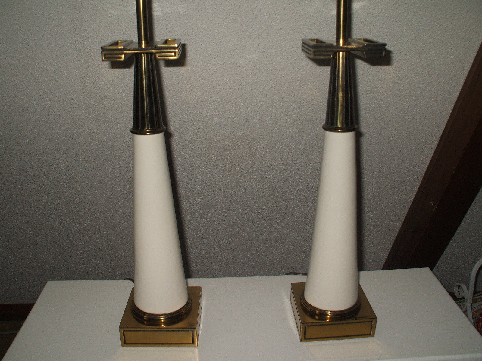 Pr. Stiffel Tommi Parzinger Lamps White Ceramic/  Brass Greek Key MCM