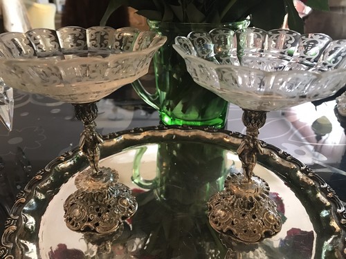 Pair Silver Antique German Cherub Pedestal Scalloped Etched Glass Compote Bowls