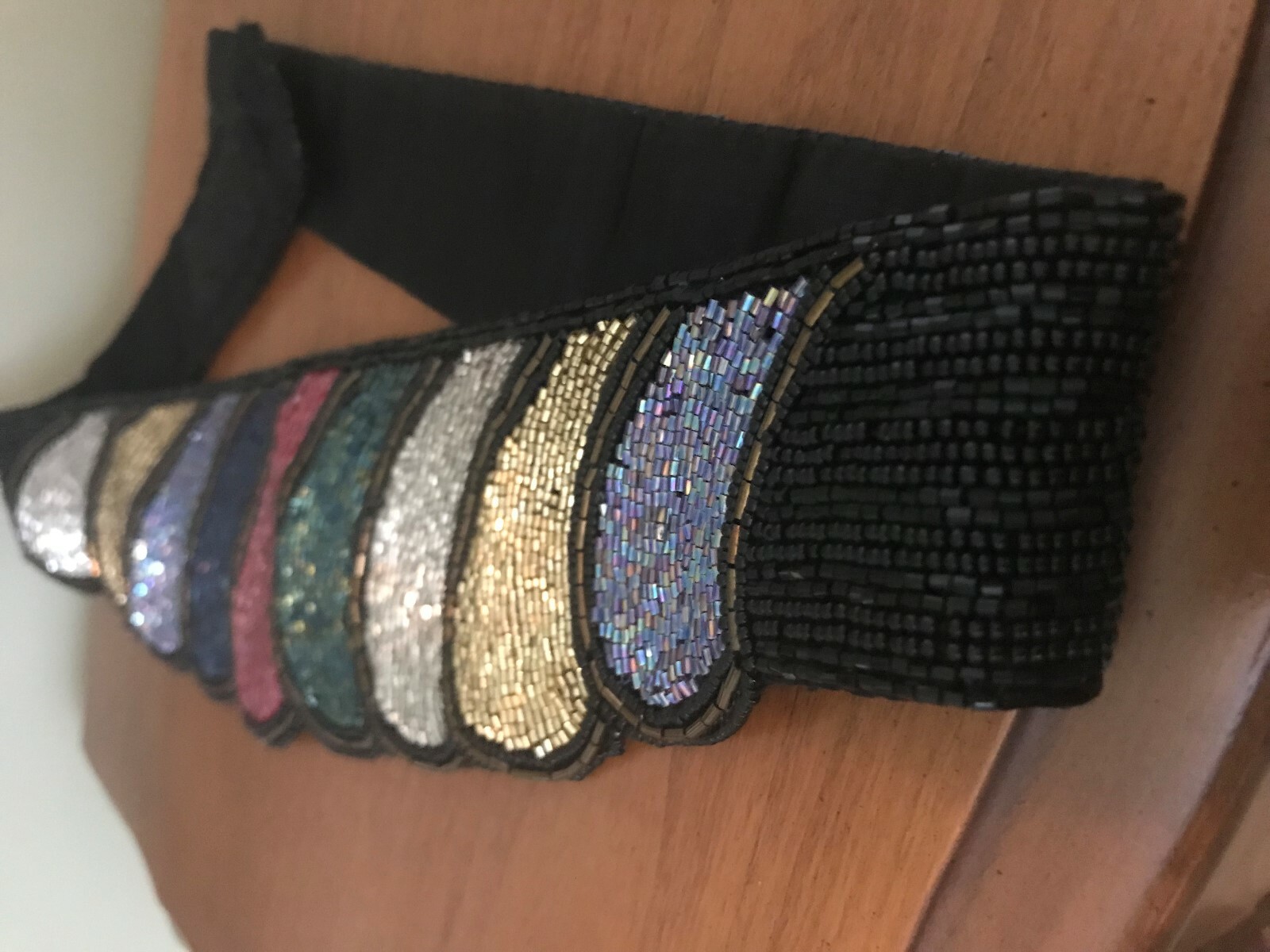 Vintage DeLill Hand Made Beaded Belt Black & Multi Color Wave