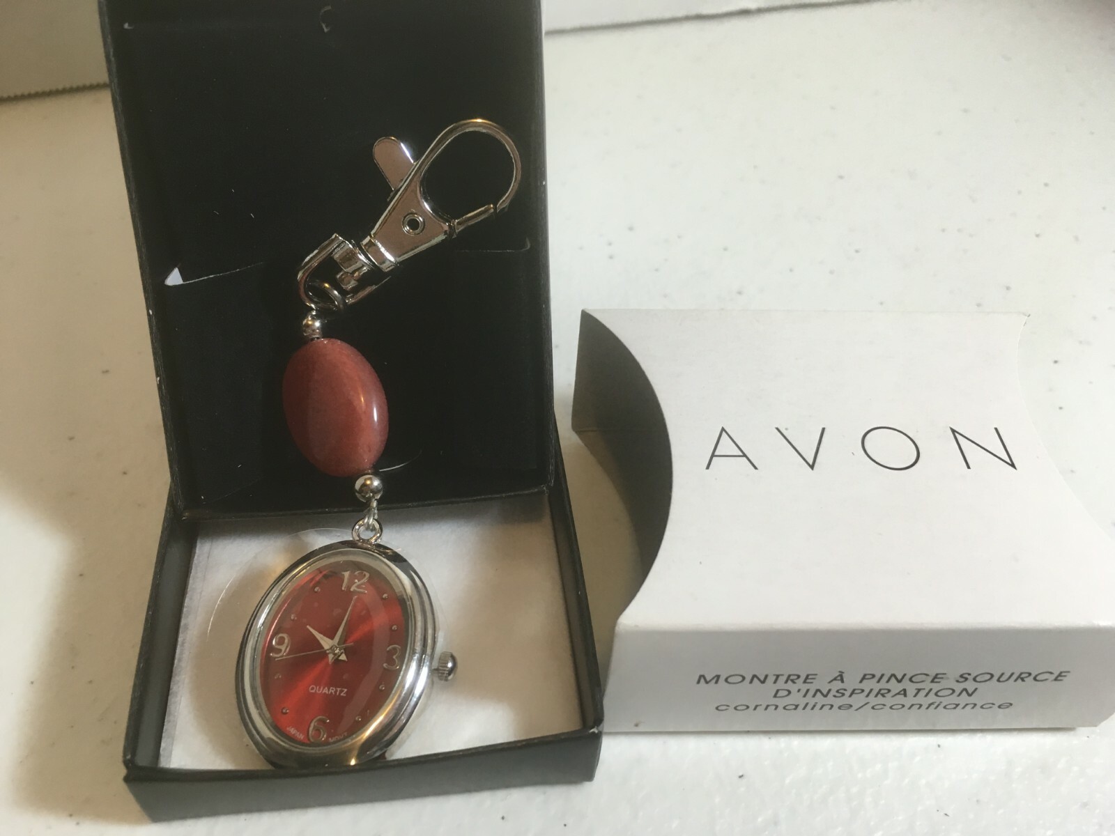 CLIP WATCH Carnelian Confidence AVON New Battery WORKS GREAT Nurse Watch