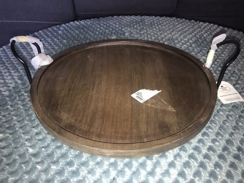 ThirstyStone Round Wood Tray With Black Iron Handles
