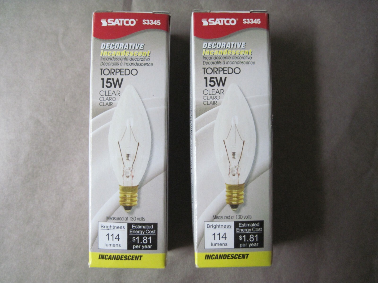 Lot of 2 Satco S3345 130V Candelabra Base 15-Watt B8 Petite Light Bulb, Clear