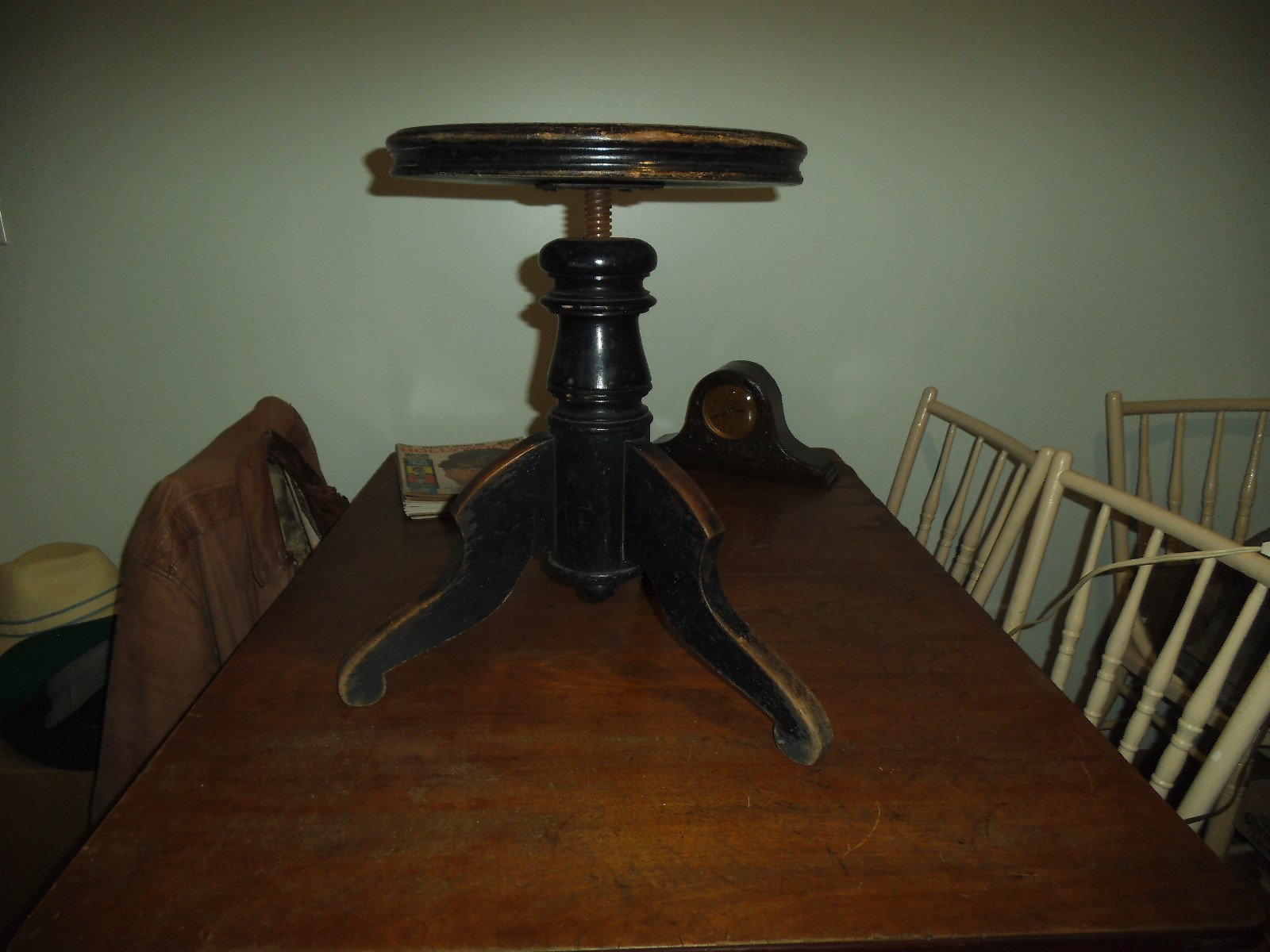 Antique Piano Stool, Early 1900's, All Hard Wood, Plant or Lamp Stand Adjustable