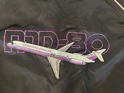 VINTAGE 1980's McDONNELL DOUGLAS MD-80 Airplane BLACK SATIN BOMBER JACKET   XL
