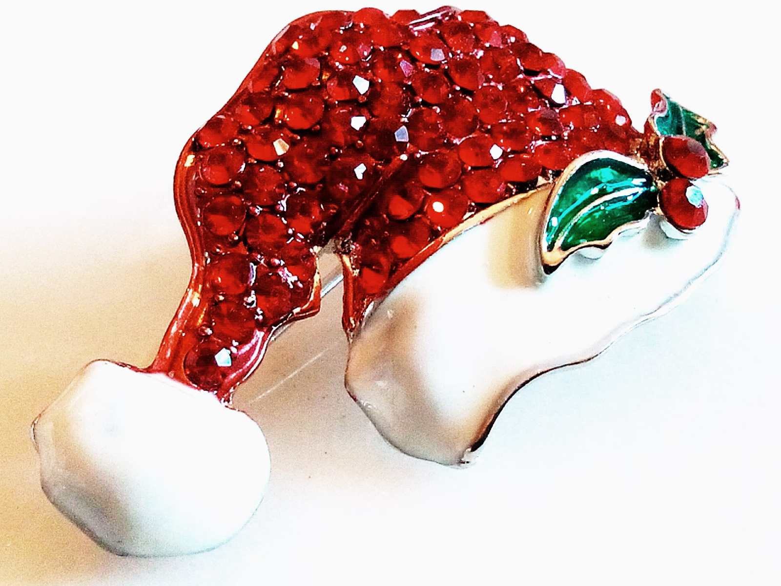 SANTA HAT BROOCH! Lovely Red Crystals! Bright Green & White Enamel! Holiday Pin!