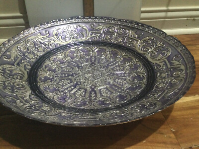 Goofus Glass purple silver handPainted  LARGE Round BowlTurkey Art Glass 17 