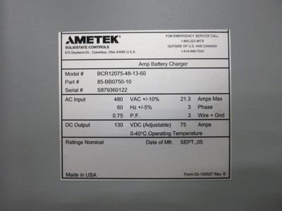 Ametek BCR12075-48-13-60 Battery Charger 75A DC 130VDC Input: 480VAC 21.3 Amp