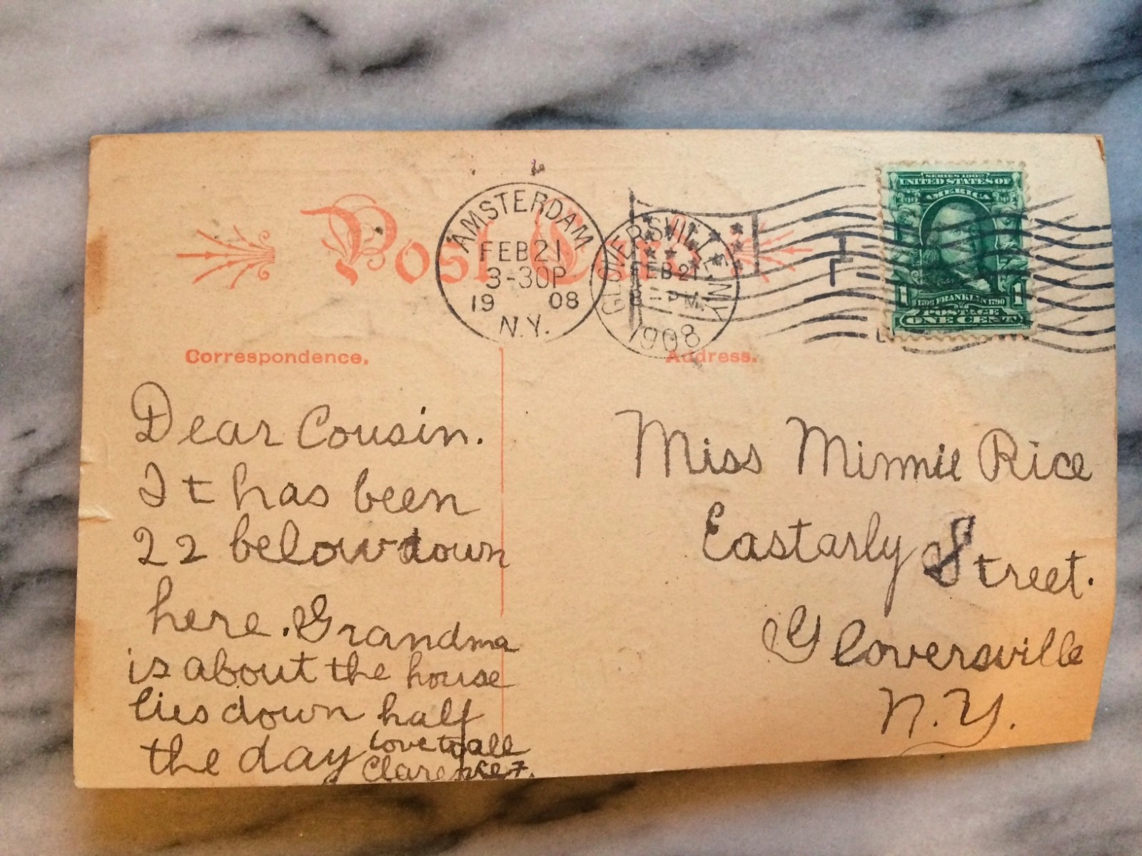 MOST FAMOUS IMAGE GEORGE WASHINGTON'S BIRTHDAY POSTCARD 1908 AXE NY OLD GREAT!