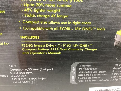 NEW-Ryobi P1870 18V ONE+ Lithium-ion Impact Driver Kit (P234G & Battery)