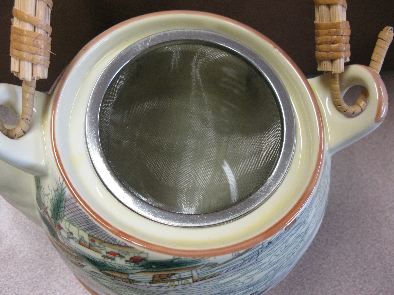 Vintage Chinese Miniature Scenic Porcelain Tea Set in ORANGE Silk Decorative Box