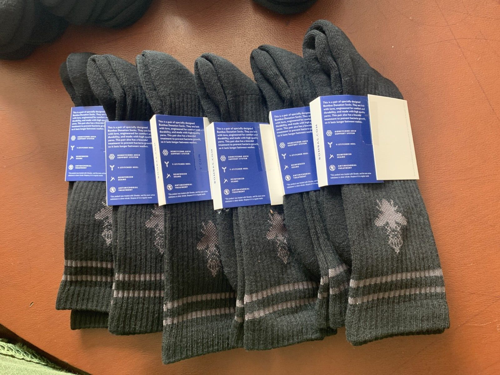 6 pairs Bombas Calf Socks  Size Large. Black with gray stripes at the top