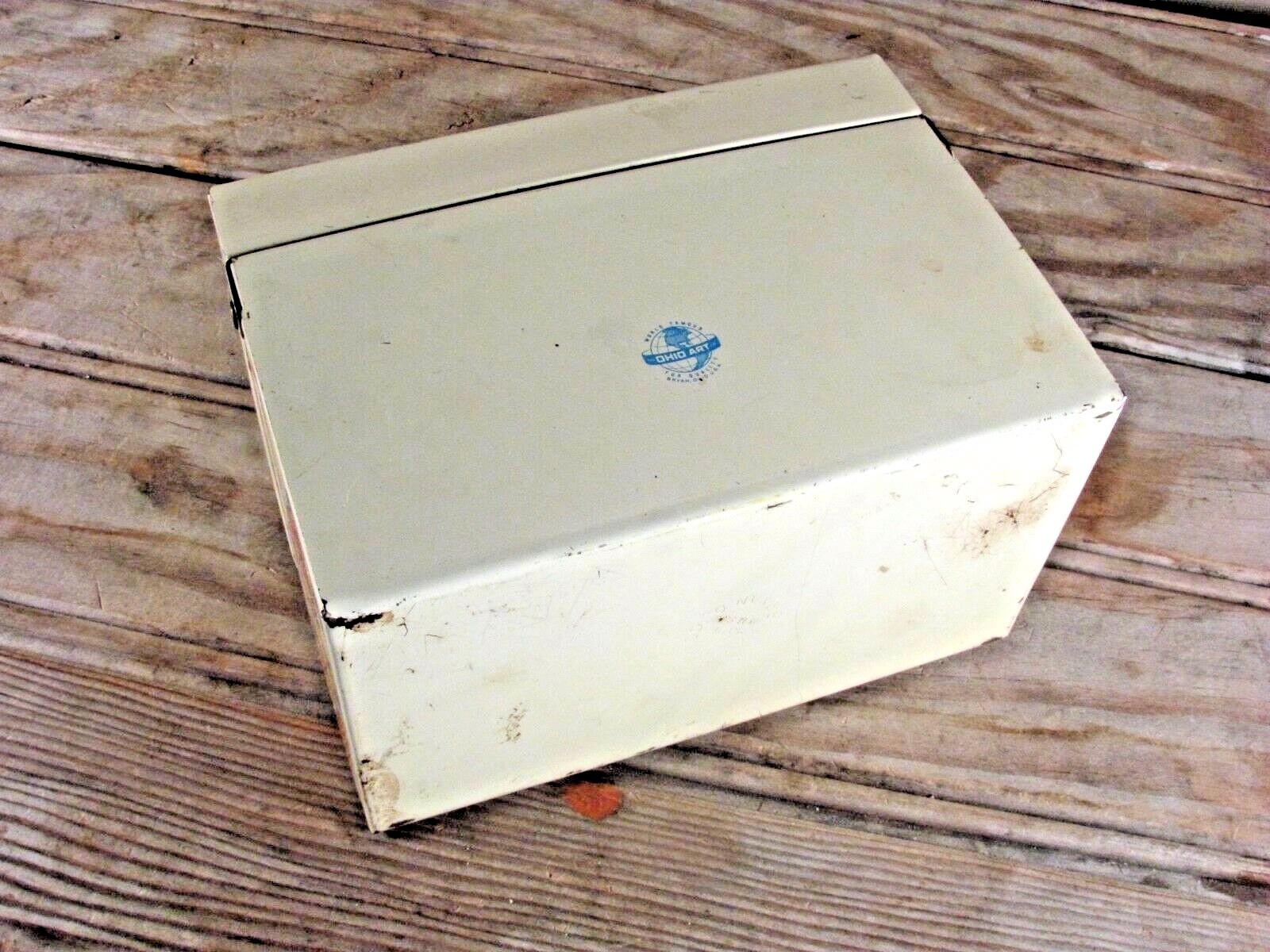 VTG Ohio Art recipe box tin metal litho white background food images blue inside