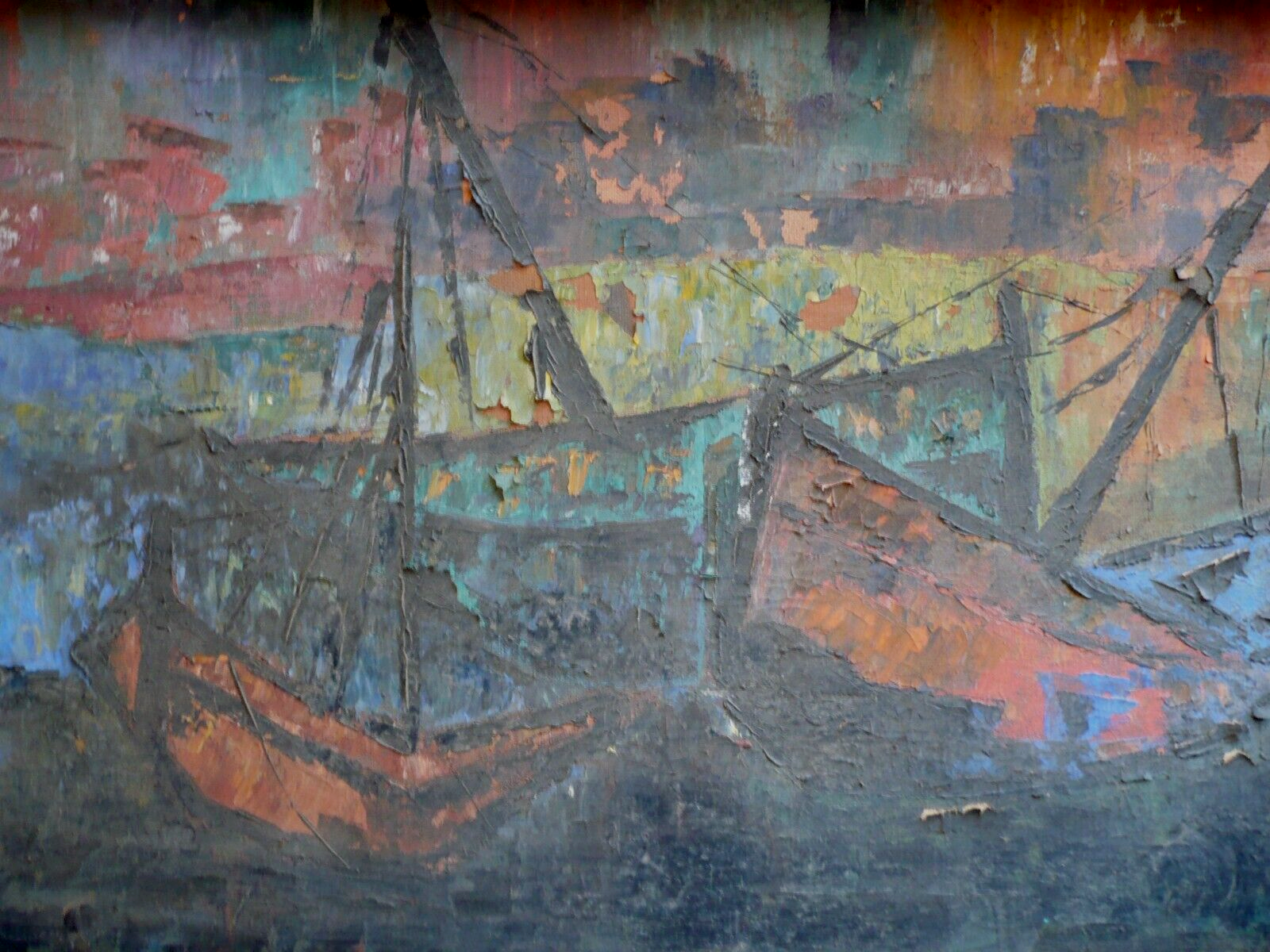 MYSTERY OLD ART - NEEDS RESTORATION, MODERN SEMI ABSTRACTION BOATS COLORFUL OIL