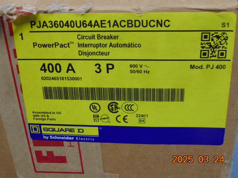 Square D I-Line Powerpact PJ400 400A 3P Circuit Breaker PJA36040U 600V
