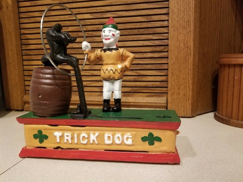 Vintage Cast Iron Mechanical Bank Clown & Trick Dog Hand Painted Complete, Works
