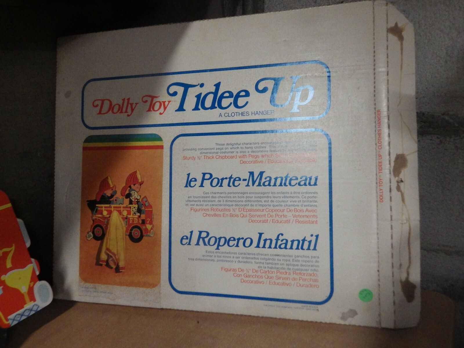 Vintage DOLLY TOY CO TIDEE -UPS FIRE TRUCK WOOD WALL HANGING W/ BOX EUC