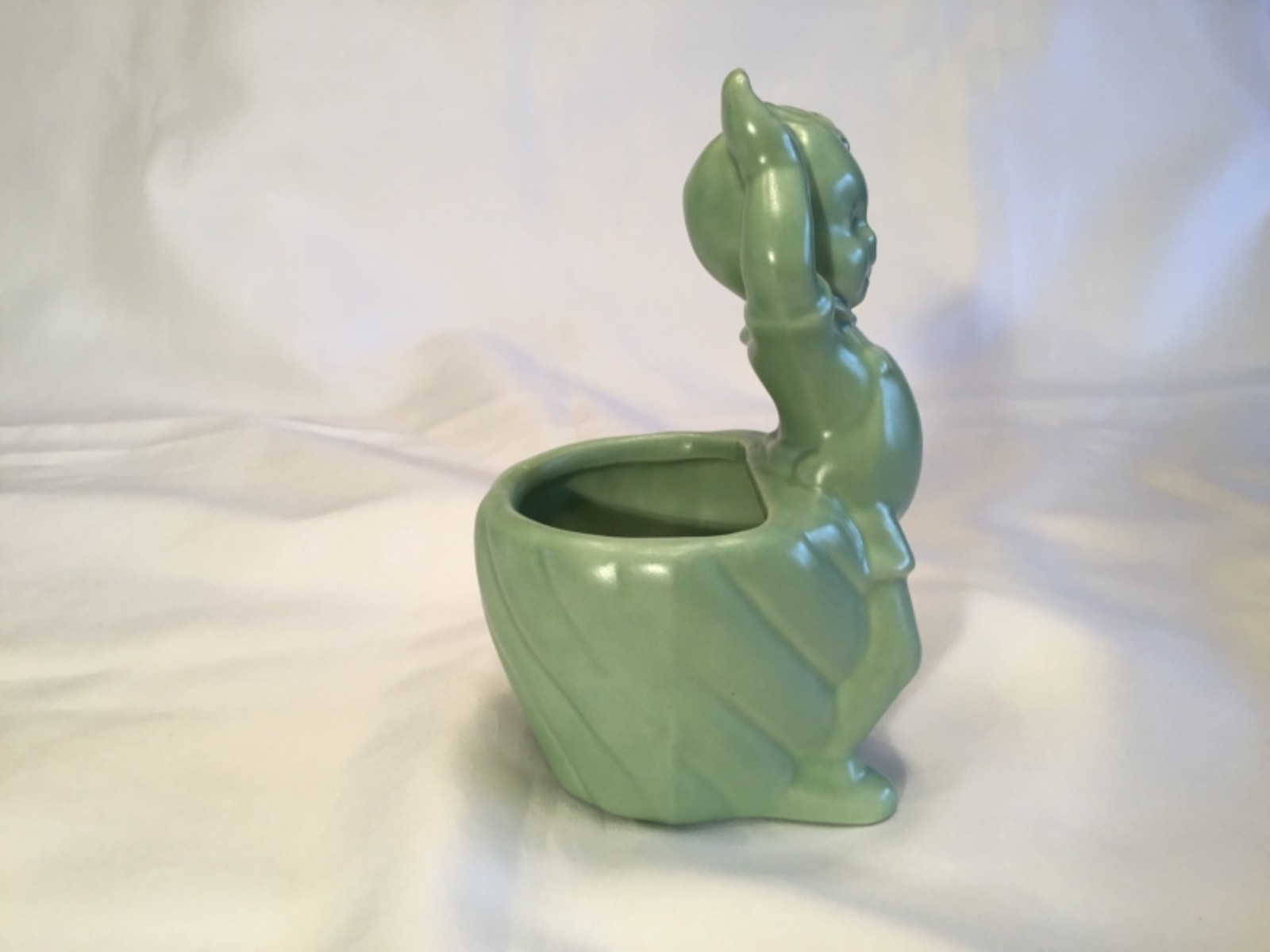 Vintage Little Boy Hands In Air Planter Matte Green (McCoy?) Art Pottery EUC!
