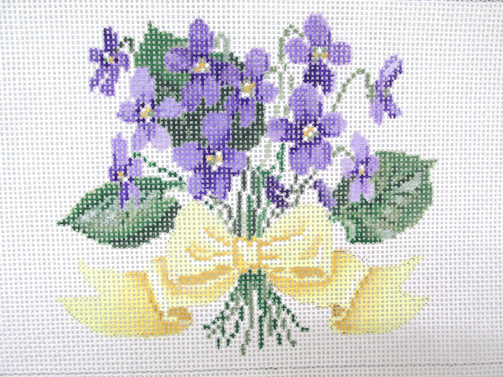 Painted Needlepoint Canvas  VIOLET POSEY WITH YELLOW RIBBON